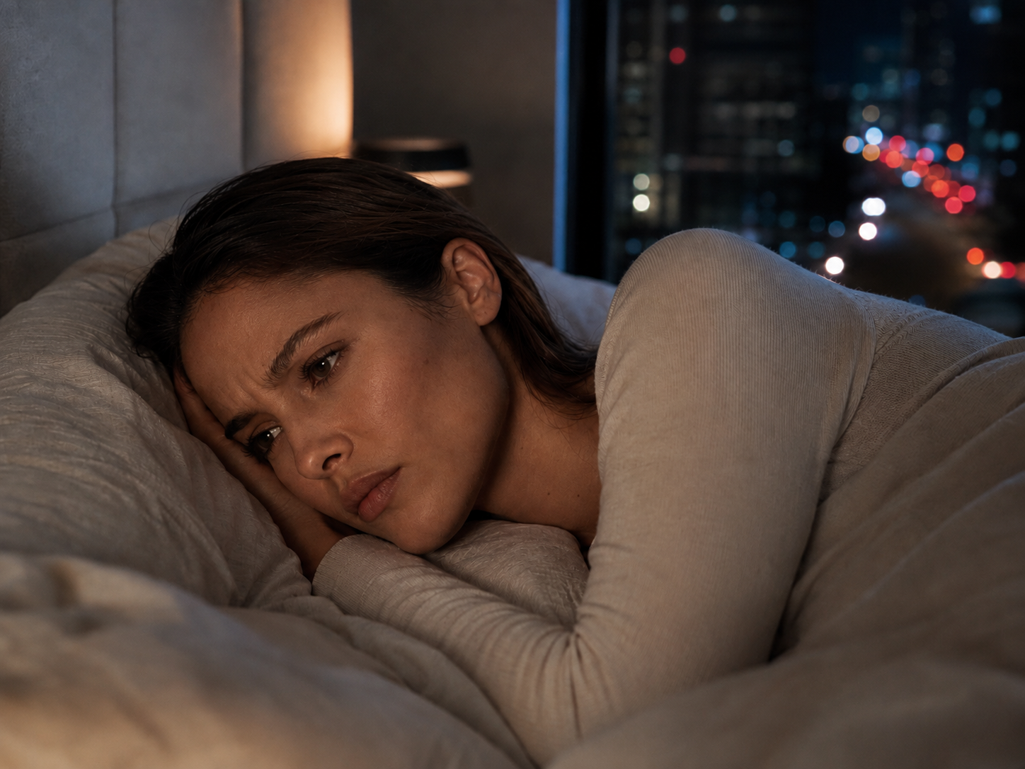 Woman lying awake at night with city lights visible through the window