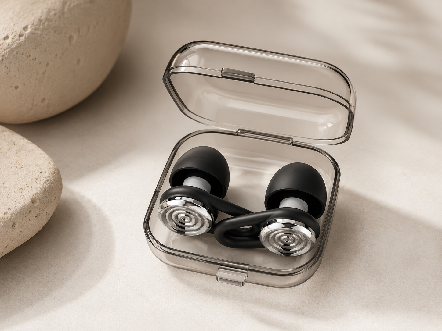 Driftwell reusable silicone earplugs inside the compact clear storage case