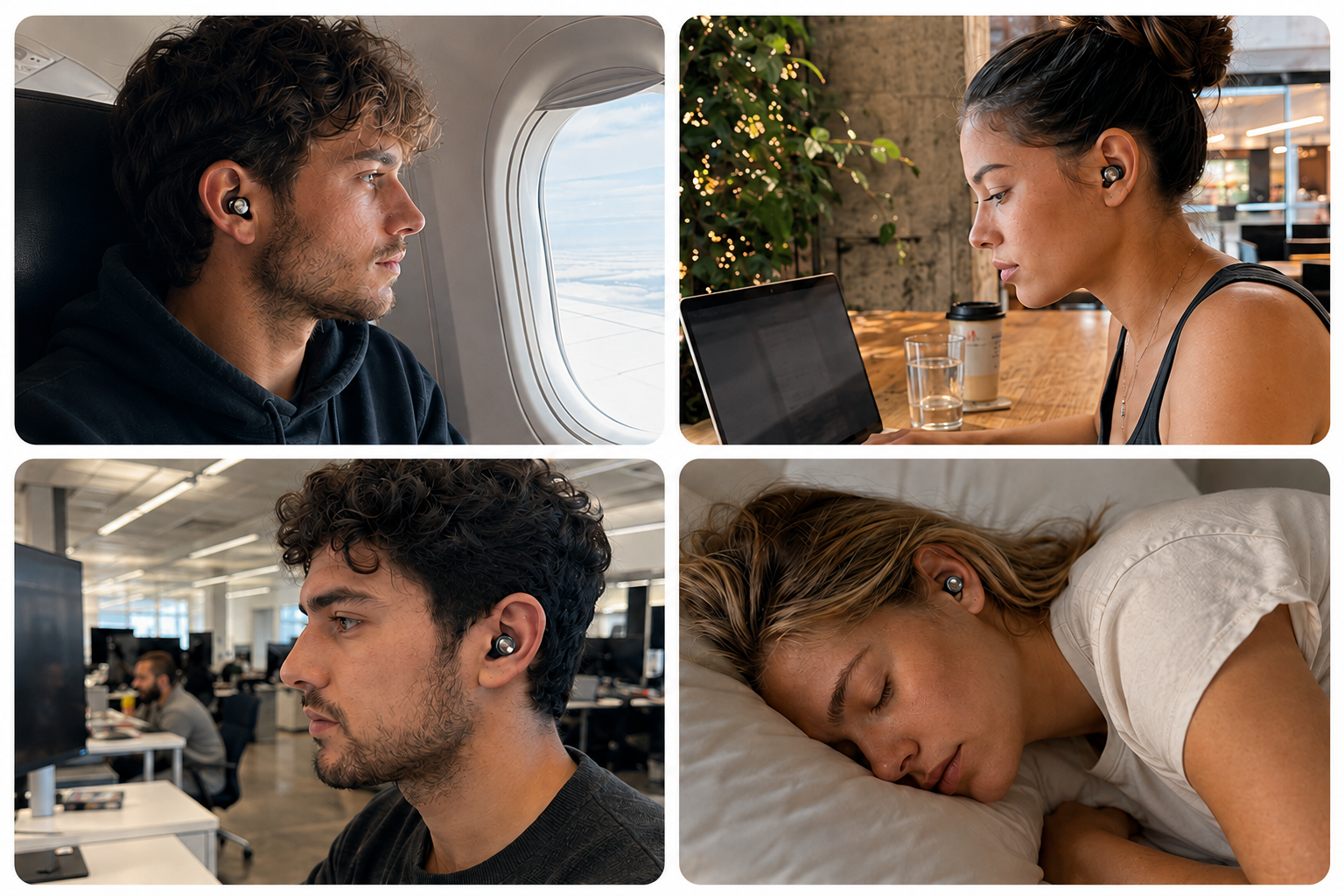 People wearing Driftwell earplugs while sleeping, travelling, working, and focusing